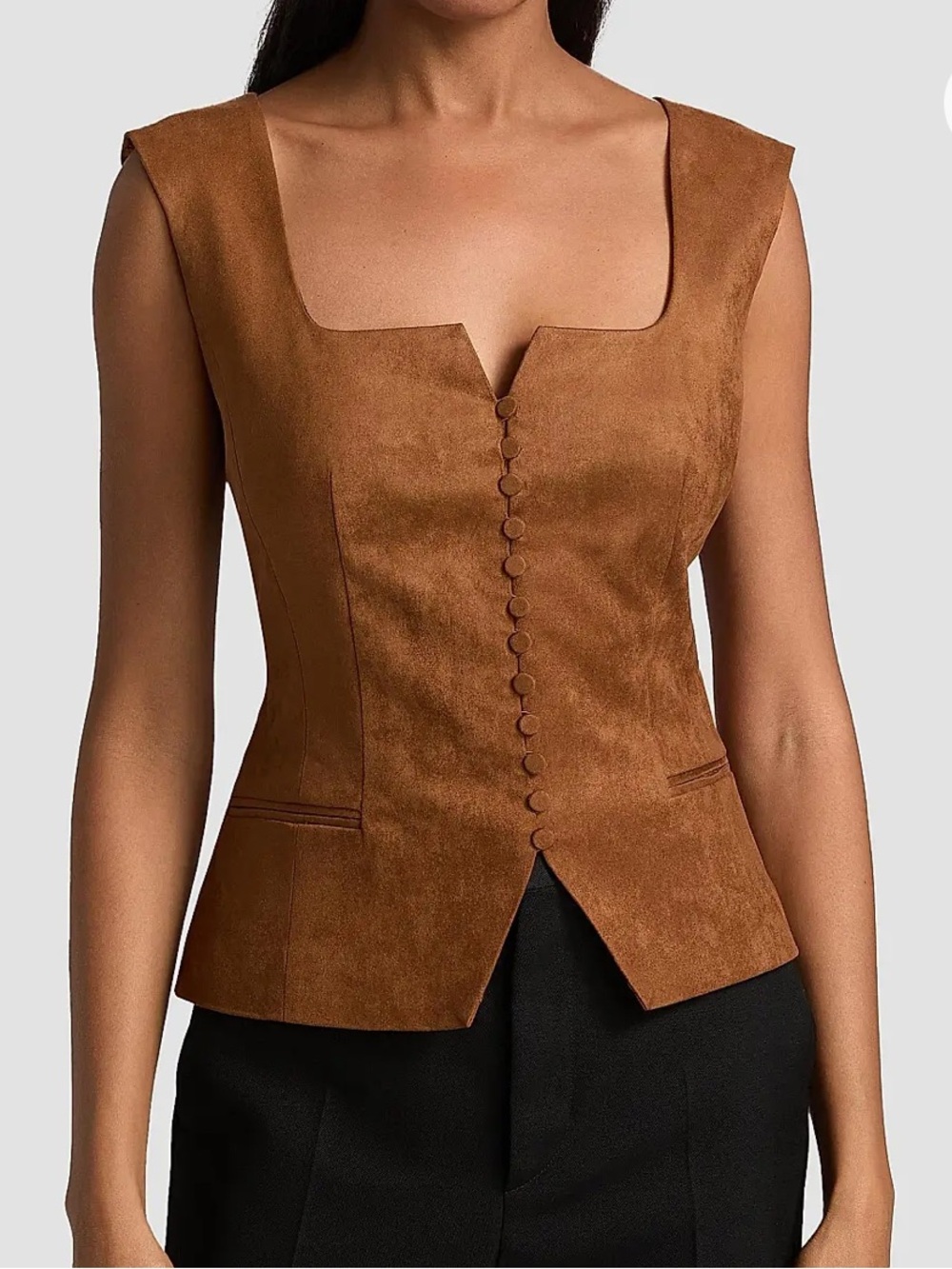 NWT TOCCIN Ariana Brandy Brown Sculpted Sleeveless Faux-Suede Button Front Top.
